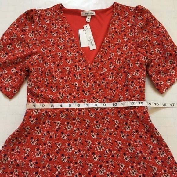 Speechless Boho Orange Floral V-neck short Puff Sleeve A-line Mini Dress - Picture 14 of 16